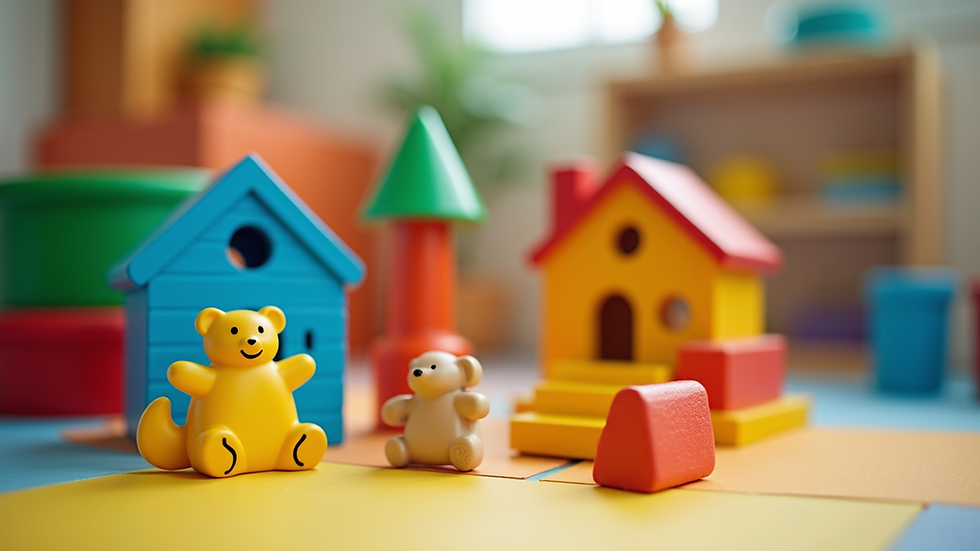Close-up view of a colorful play area with faith-based educational toys