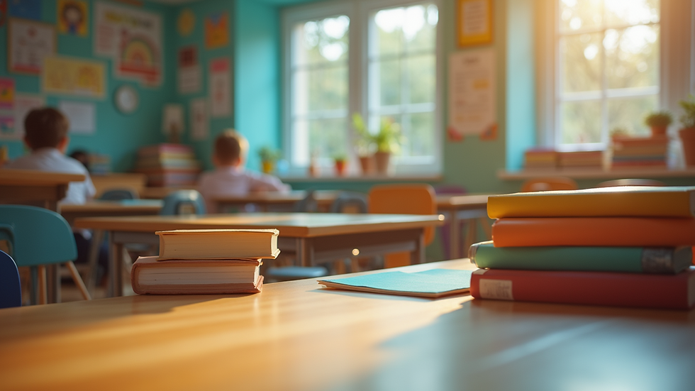 Eye-level view of a cozy classroom with colorful faith-based learning materials