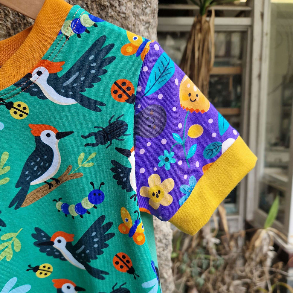 Thumbnail: Woodpeckers and Farmyard - Scrap Couture One-Off T-Shirt - 5 years