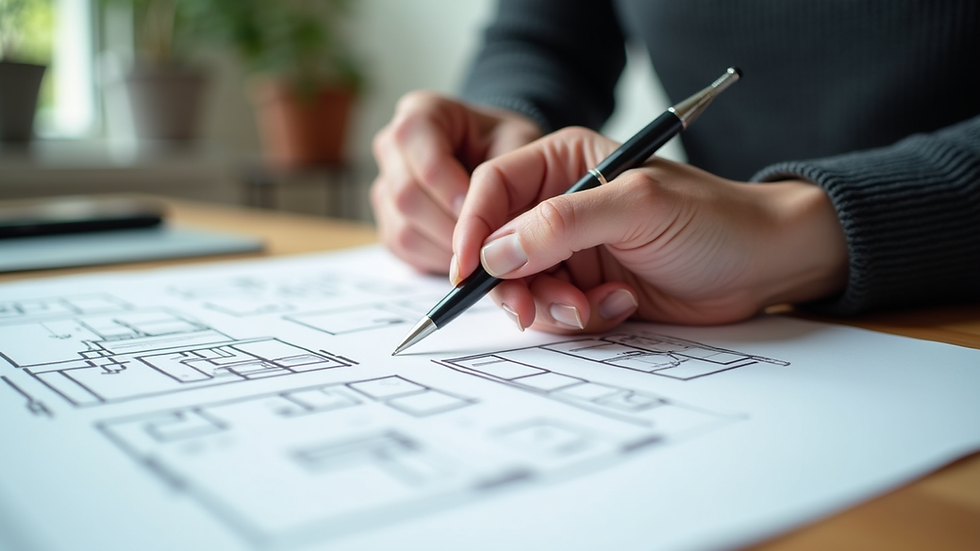 Close-up view of a designer’s hands sketching a room layout on paper