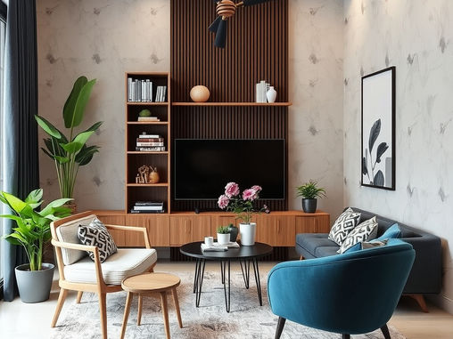Modern Japandi living room interior with neutral tones natural wood furniture and minimalist design showcasing Scandinavian aesthetics in Guwahati
