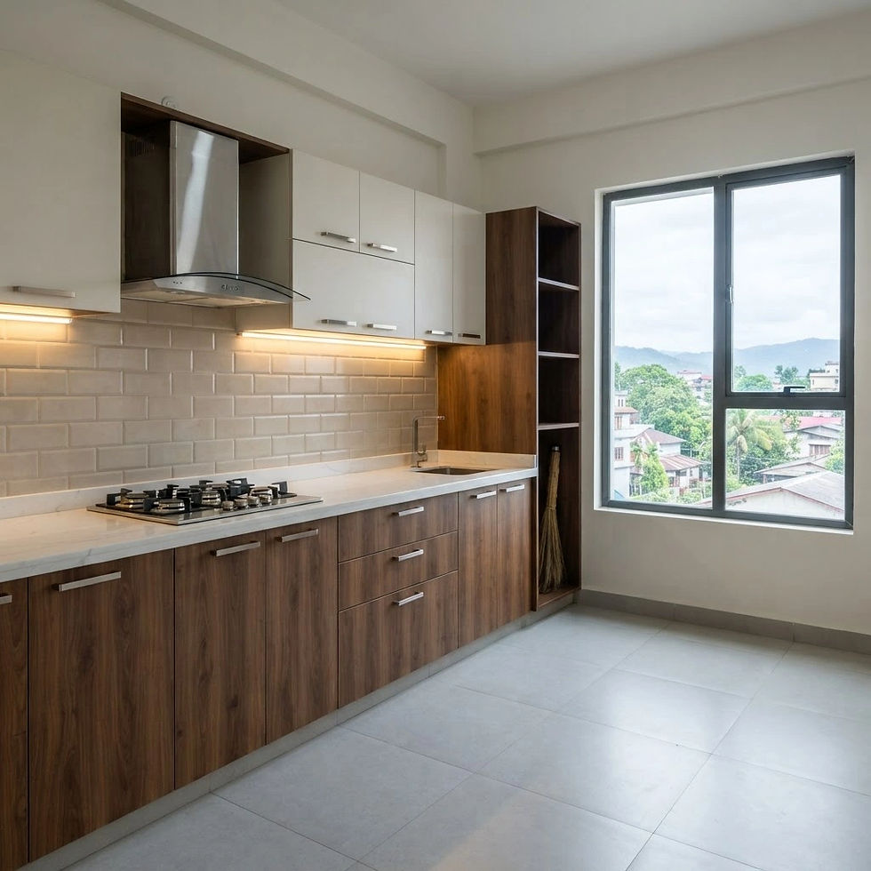 Design concept: L-shaped modular kitchen in a Guwahati home with chimney, hob and tall storage