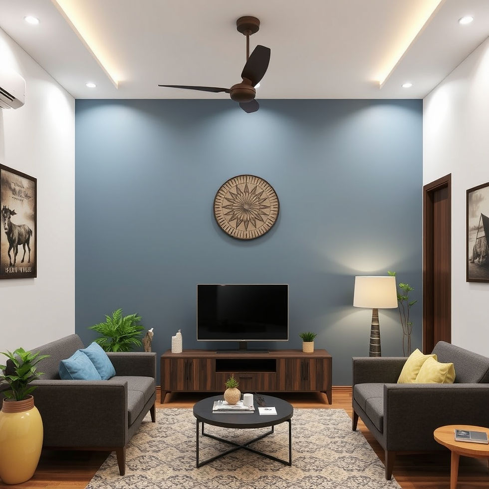 Modern Guwahati living room interior with cozy lighting, contemporary furniture, and bright color scheme, reflecting optimal balance, harmony, and local decor trends.