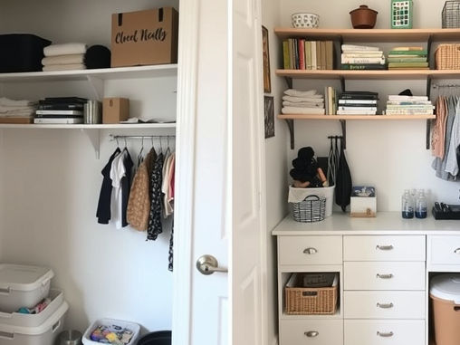 Before and after storage transformation showing organized closet with wall-mounted shelves by MillarQ Design Studio