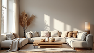 Minimal luxury living room with Scandinavian design, neutral tones, modern sofa with decorative cushions, wooden coffee table, and natural lighting from large windows
