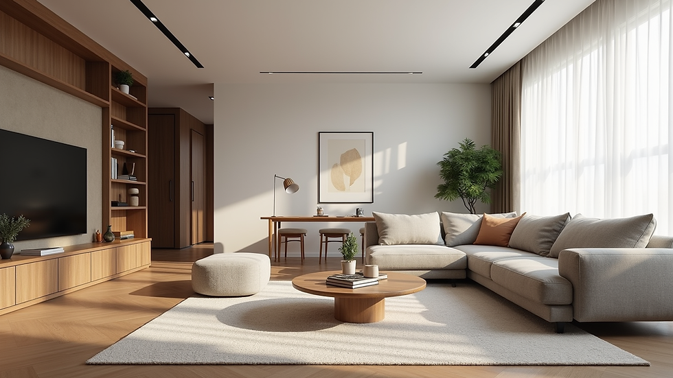Eye-level view of a modern living room with stylish furniture and natural light