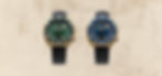 two NODUS bronze watches with blue and green dial and taupe background