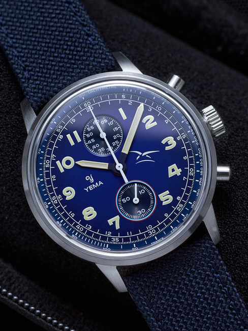 close up of blue yema bi-compax pilot watch