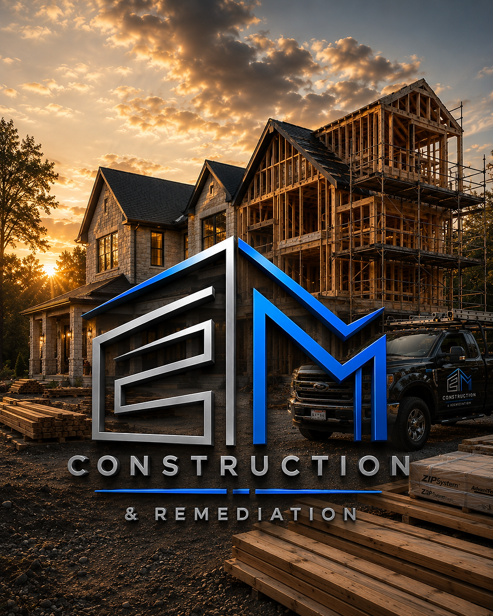 EM Constuction logo with a constuction site background