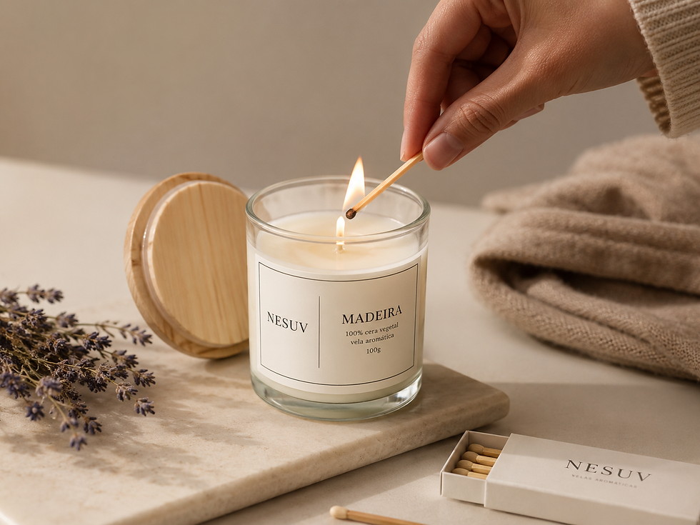 Vela aromática de Madeira NESUV acesa em ambiente aconchegante