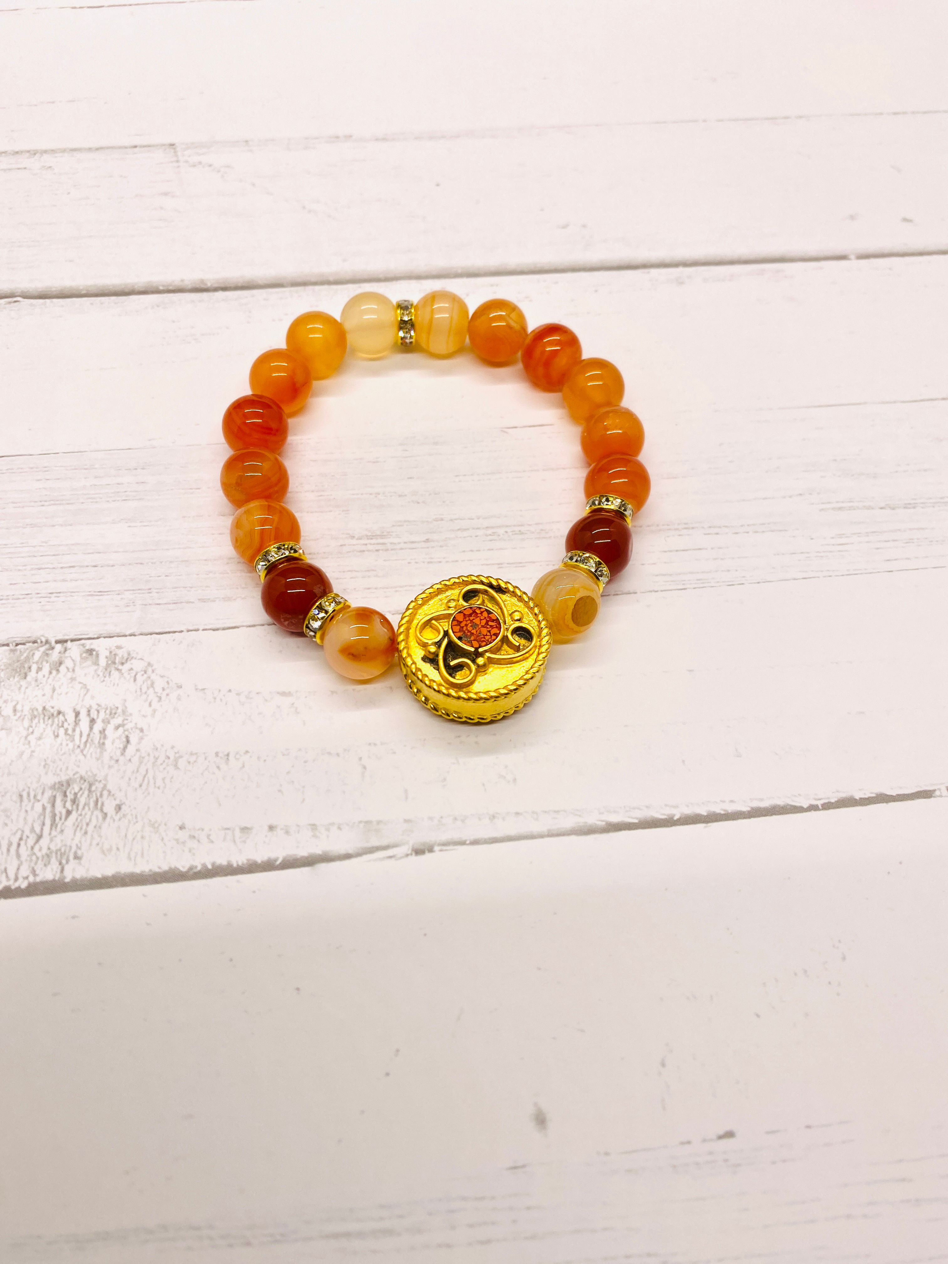 Gold and Coral Tibetan and Carnelian Beaded Bracelet