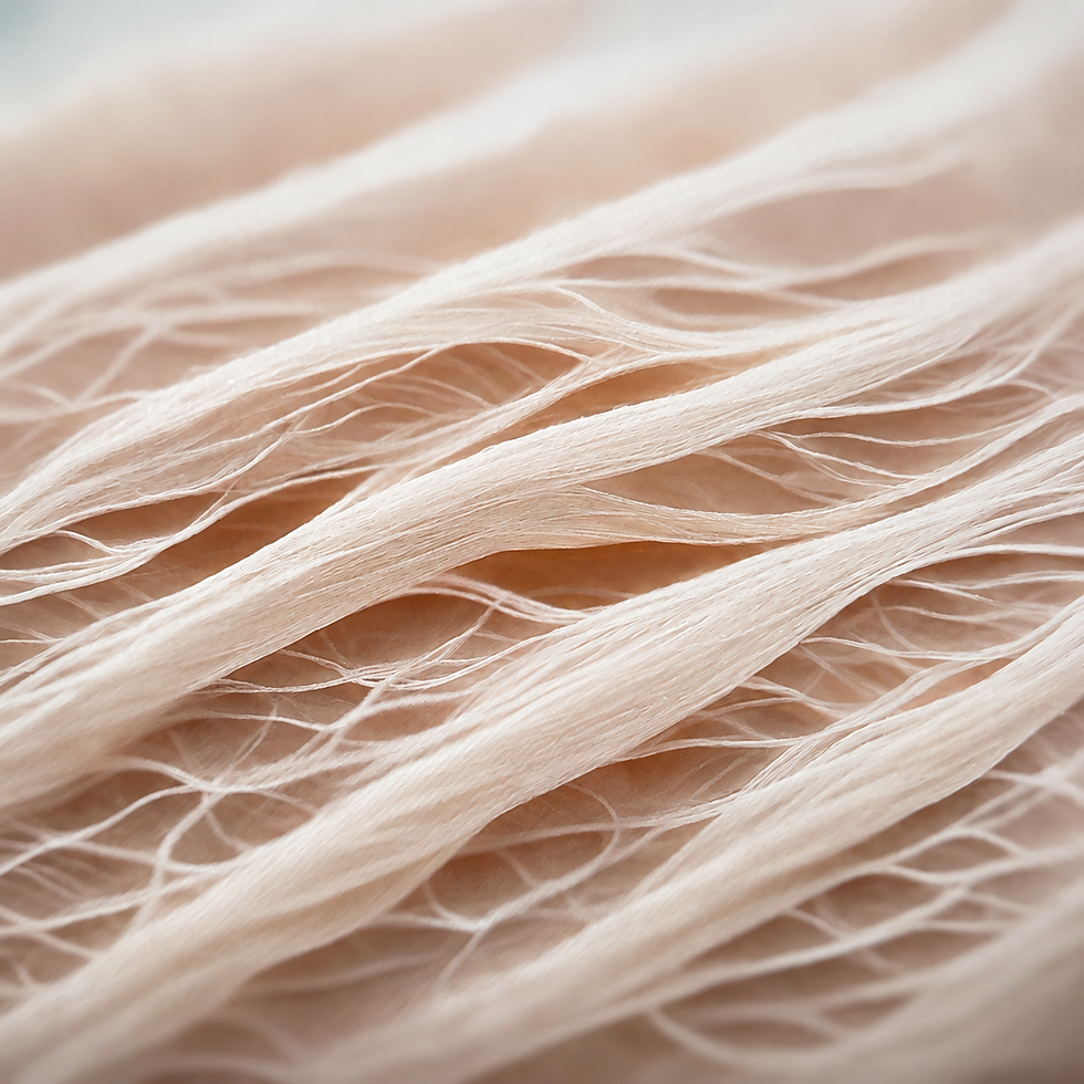 A clean, macro-style illustration showing elegant collagen-like fibres with a soft, premium, scientific aesthetic.