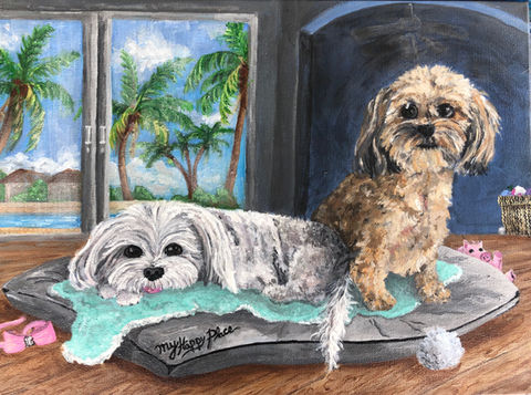'My Happy Place', Lola and Peanut Dog Portraits, Acrylic Paint on 11"x14" Canvas, 2020