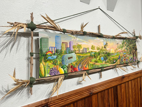 The Journey of Food and Pollinator Pathways, Acrylic on Paper and Bamboo frame, 2025 (Original of Mural at Lake Lorna Doone Park)