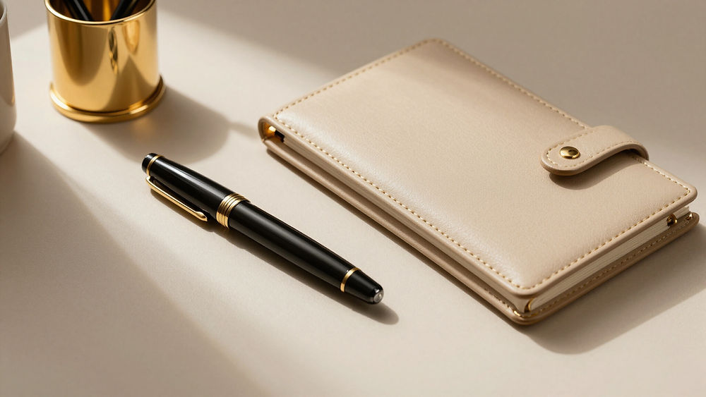 Agenda beige y pluma estilográfica