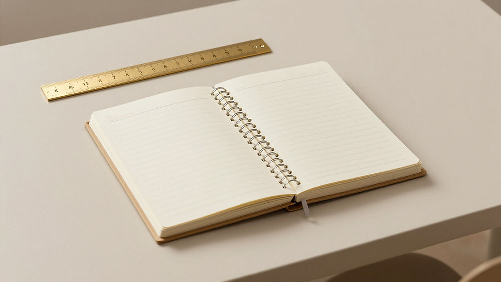Cuaderno abierto y regla dorada sobre un escritorio.