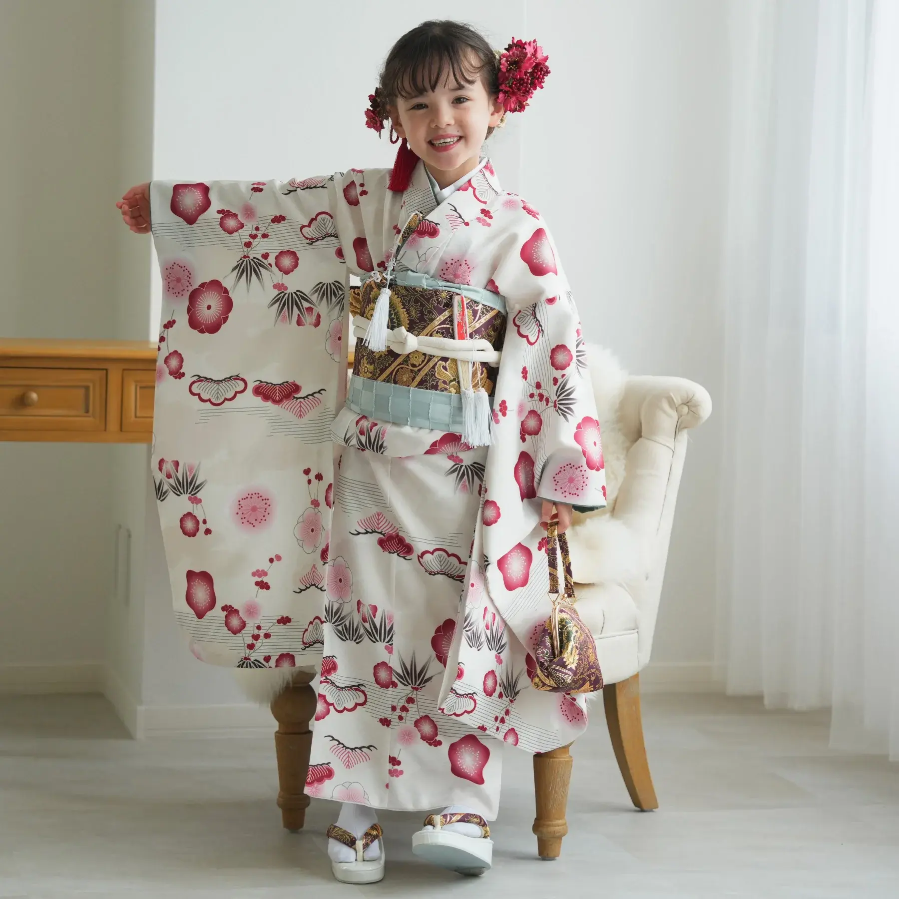 【7-034】白　元禄梅模様