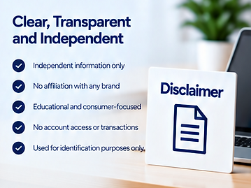 Disclaimer card on an office desk detailing Assistopedia's independent, transparent, and non-affiliated consumer information policies.