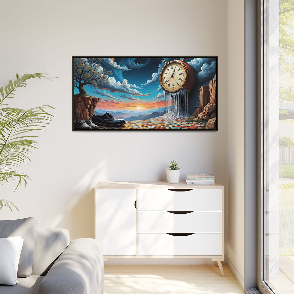 Thumbnail: Surreal Framed Canvas Art - Dreamy Landscape with Melting Clock and Shoes