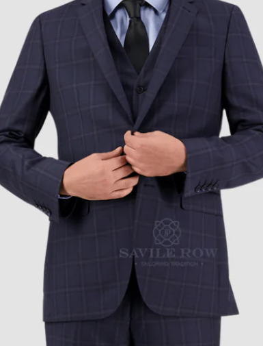 Saville Row Checked Suit In Midnight Pure Wool Front View