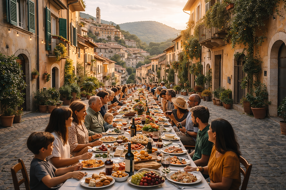 Community members gather along a cobblestone street for a lively dinner under the picturesque Italian sunset in a quaint town.