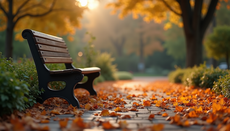 Eye-level view of a quiet garden bench surrounded by autumn leaves