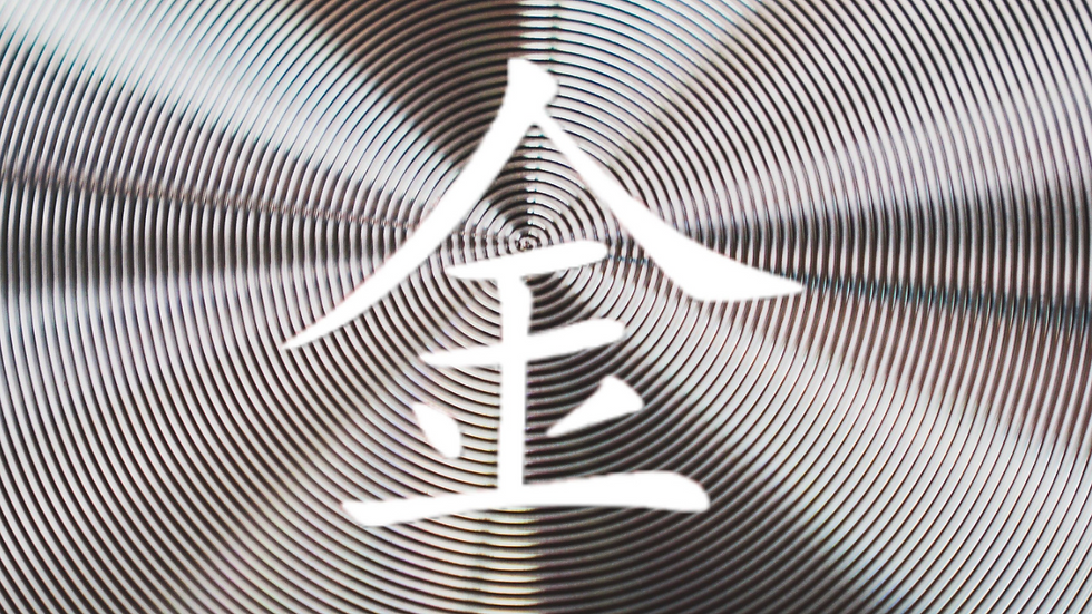 White Chinese character for the word 'Metal' centered over a black-and-white concentric spiral pattern, creating an optical illusion.