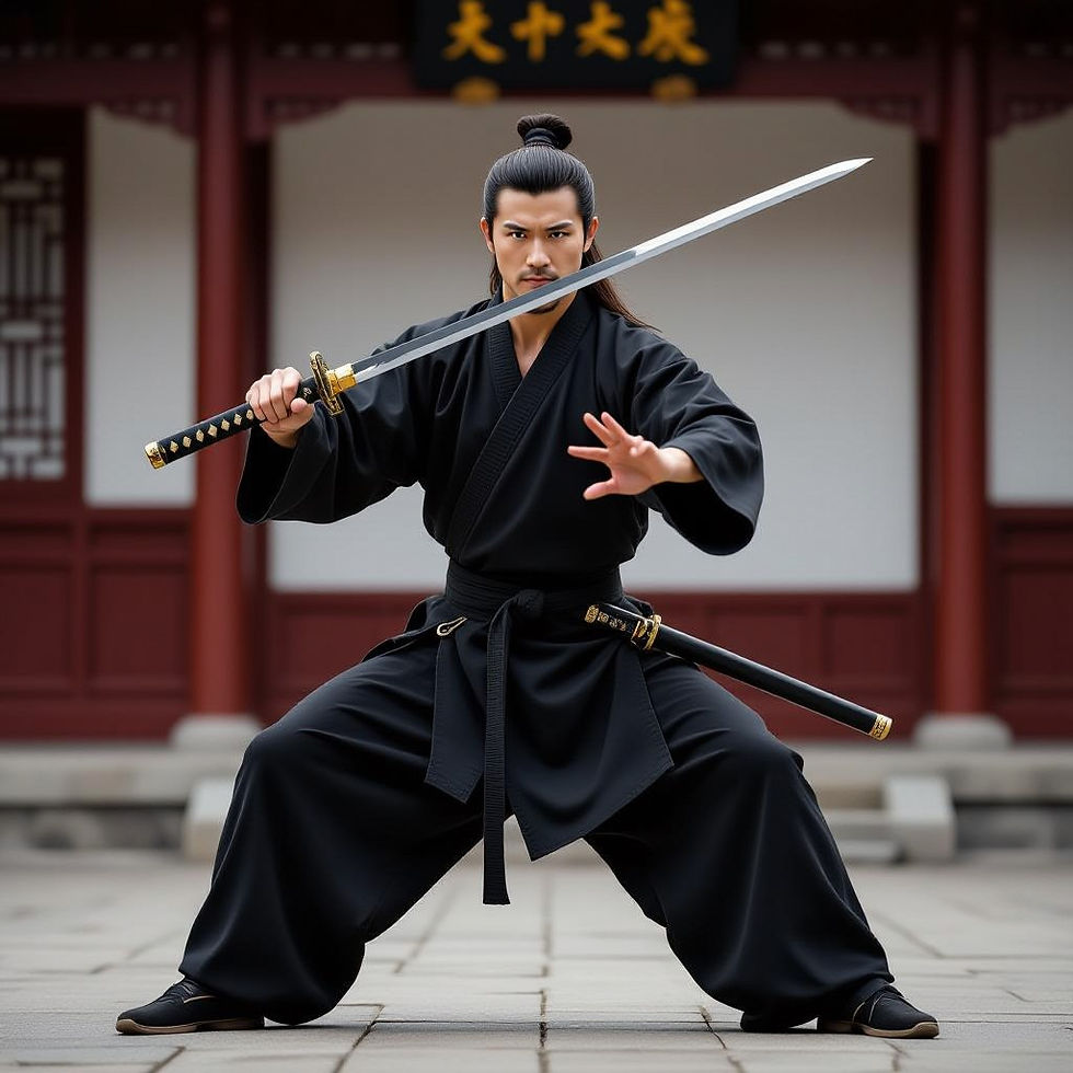 A master swordsman brandishes his blade