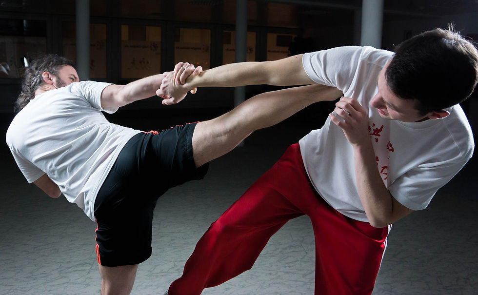 Two Kung Fu practitioners in Modern Times, sparring with their respective techniques.