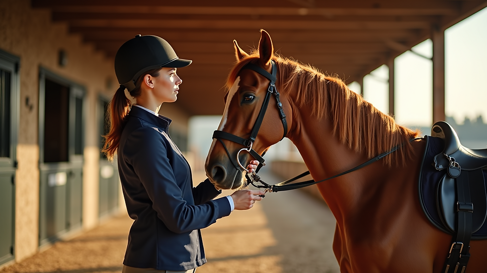 Eye-level view of a rider grooming a chestnut horse in a sunlit stable