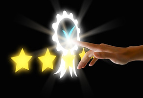 A finger tapping on highest quality assurance mark, excellent service, five stars, premium