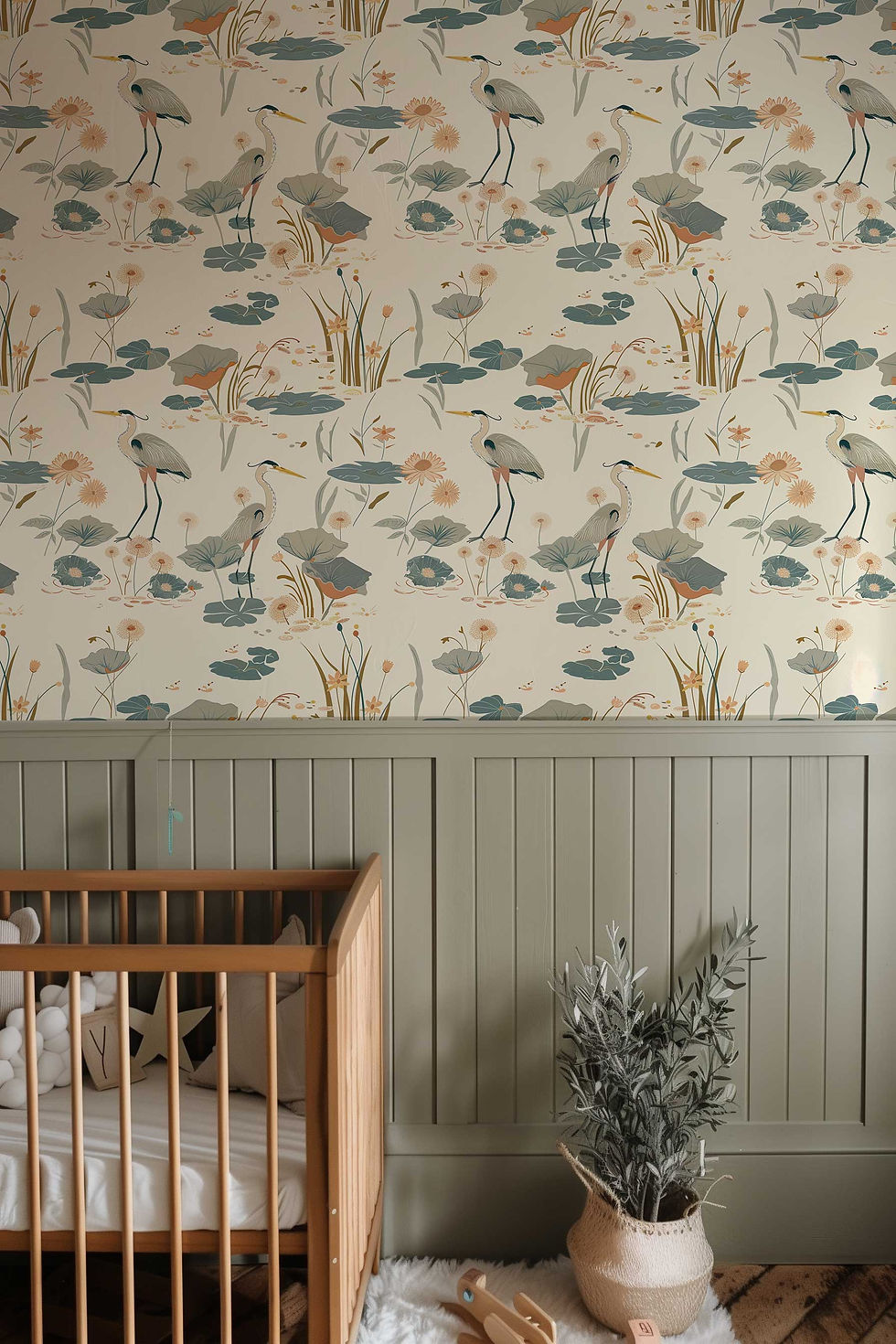 Thumbnail: Peel and stick wallpaper with herons and pastel water flowers