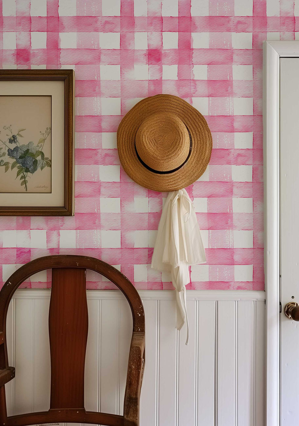 Thumbnail: Temporary peel and stick wallpaper with a charming pink and white check geometric pattern in watercolor style.