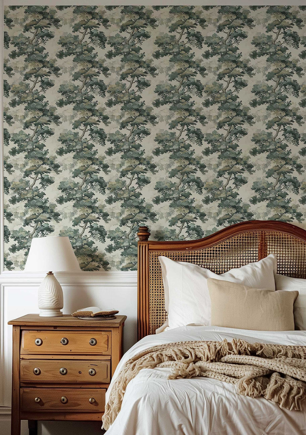 Thumbnail: Traditional mural-style wallpaper with trees in muted greens and greys