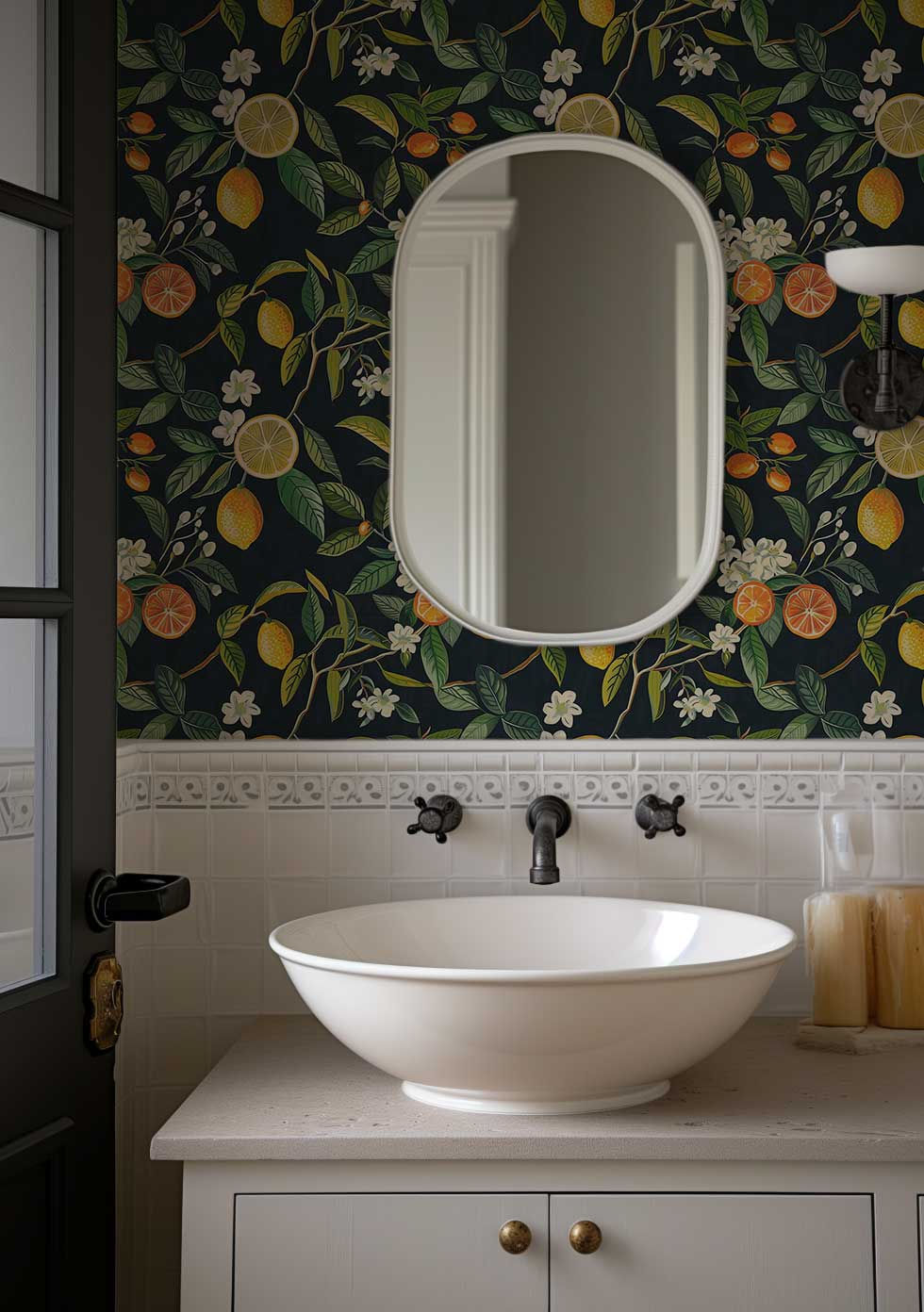 Thumbnail: Removable tropical wallpaper with bold orange and lemon blossoms for temporary wall decor