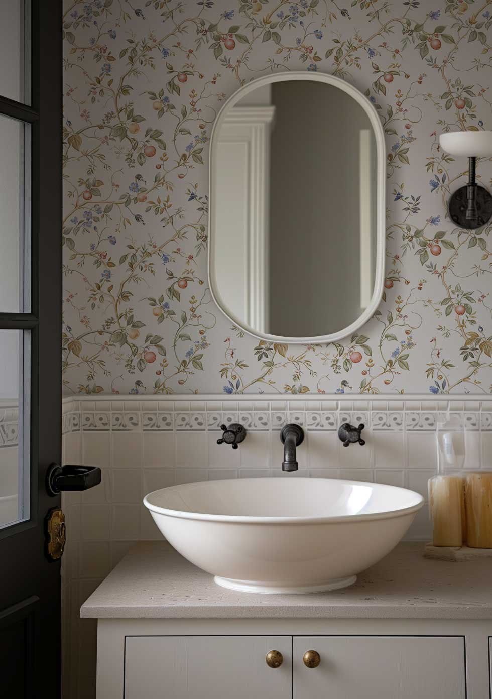 Thumbnail: Traditional unpasted wallpaper with delicate pastel flowers and vines for charming powder room decoration