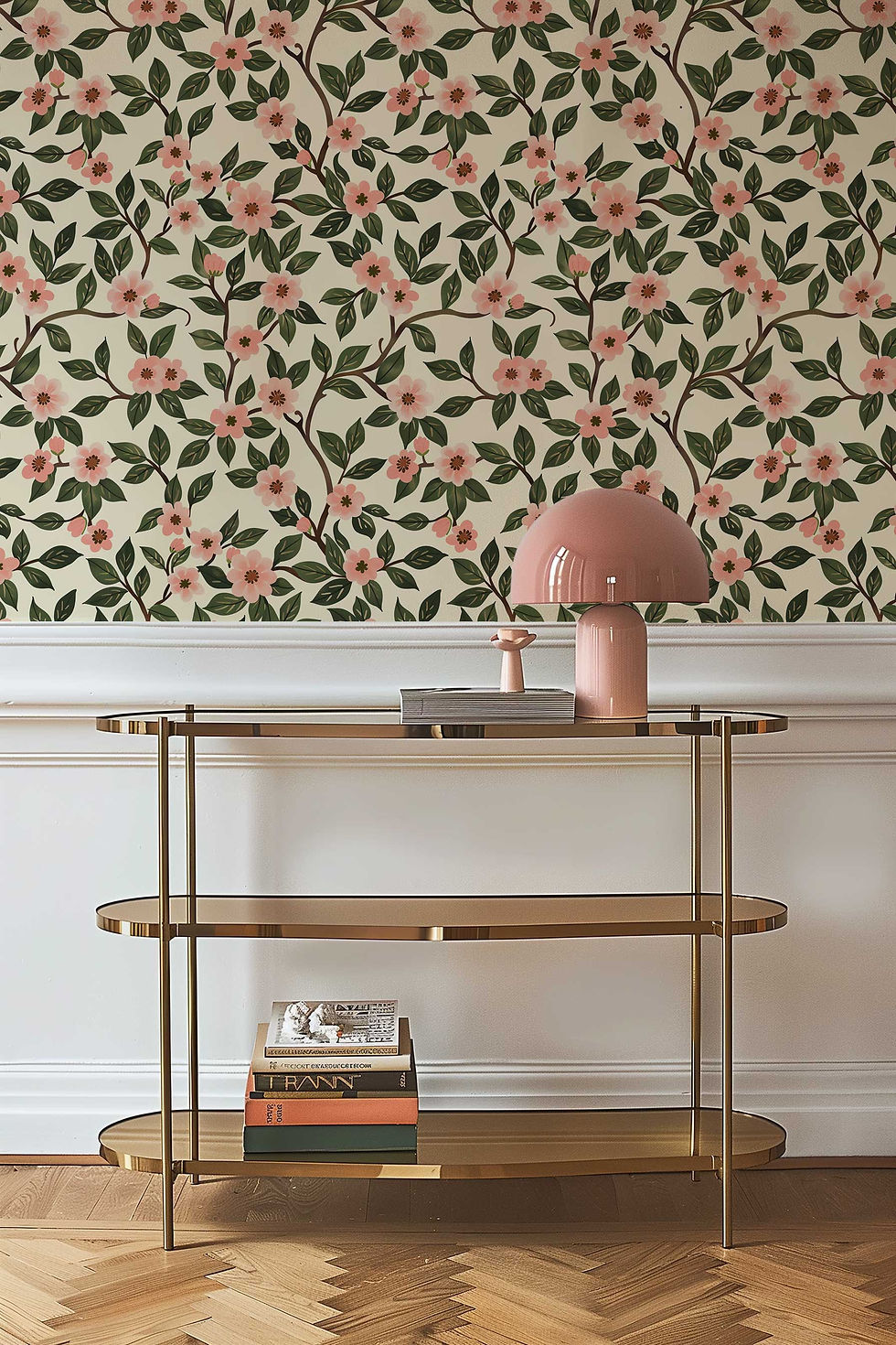 Thumbnail: Renters friendly floral wallpaper with a soft pastel palette of pink, rose red, and olive green