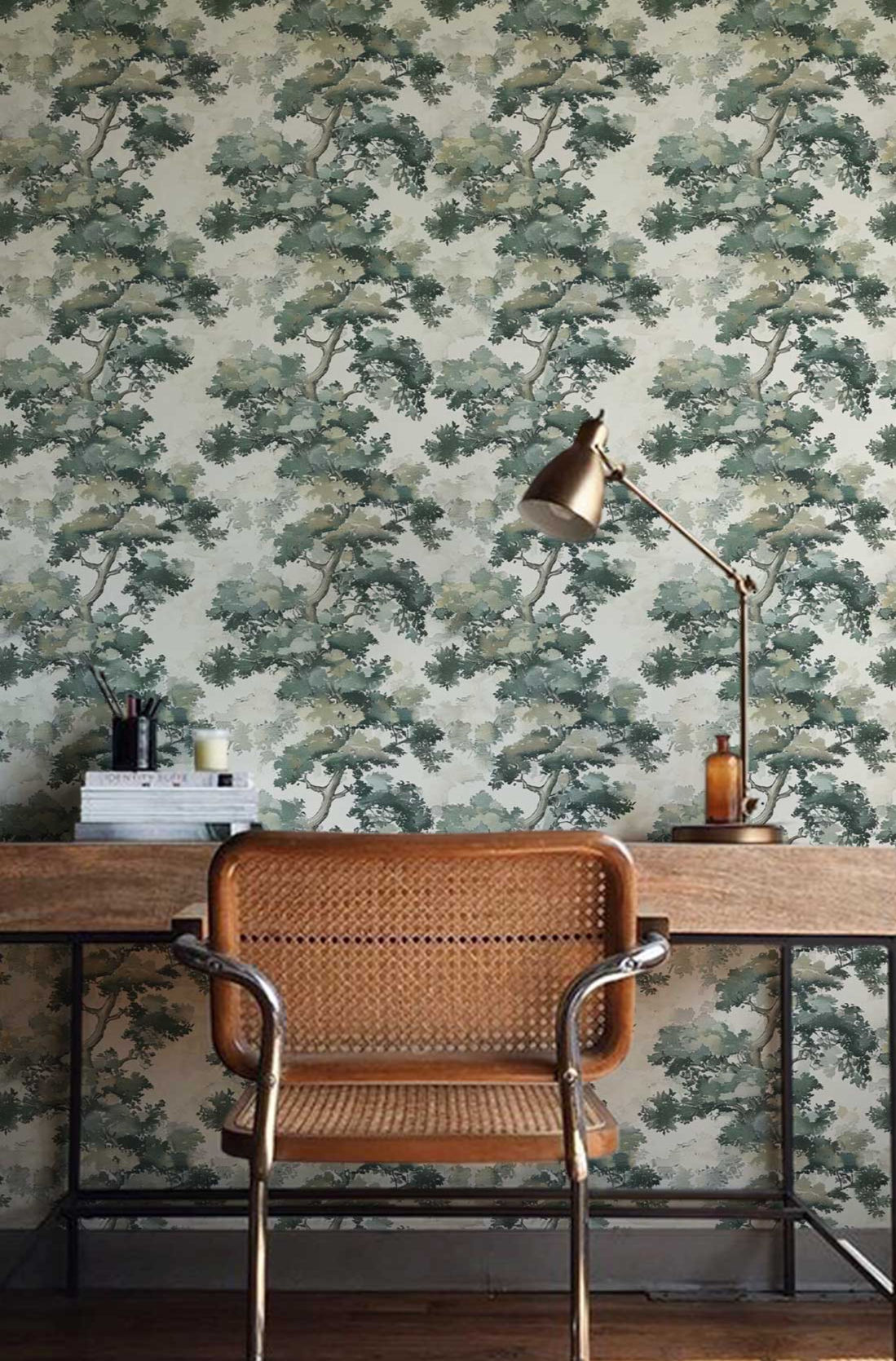 Removable forest scene wallpaper with muted greens and greys, perfect for any room