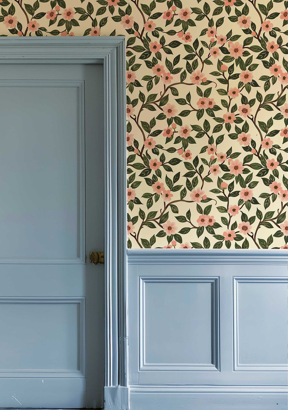 Thumbnail: Mural-style wallpaper with small, detailed pink flowers on a light background