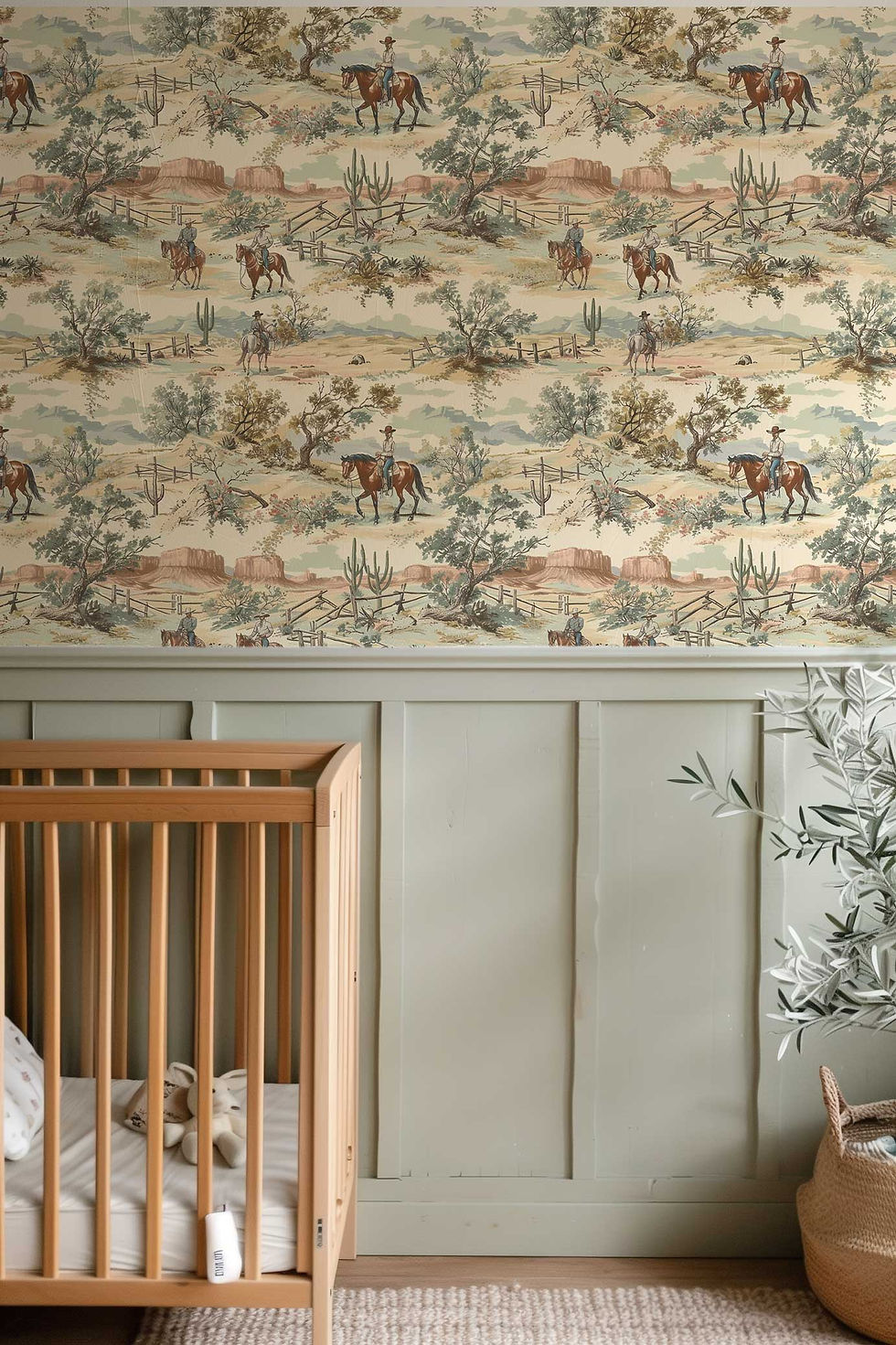 Thumbnail: Classic removable wallpaper featuring pastel Western scenes for beautiful powder room accents