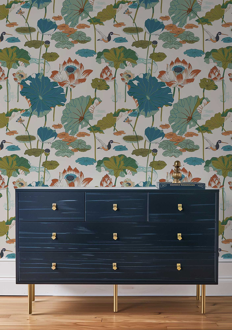 Thumbnail: Nursery wallpaper with a serene Japanese pattern of lotus leaves and detailed birds