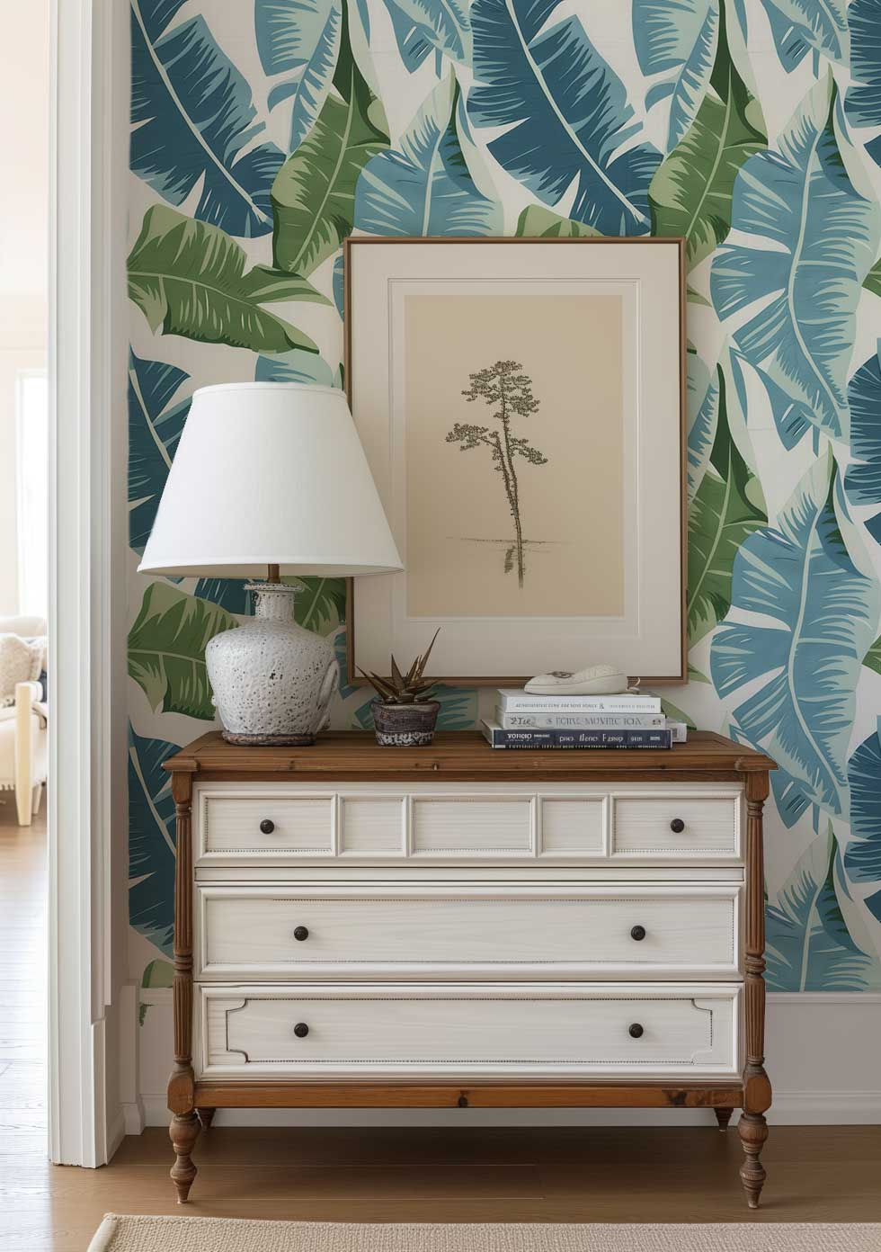 Thumbnail: Mural wallpaper with large banana leaves in minimalistic style, creating a stunning focal point.