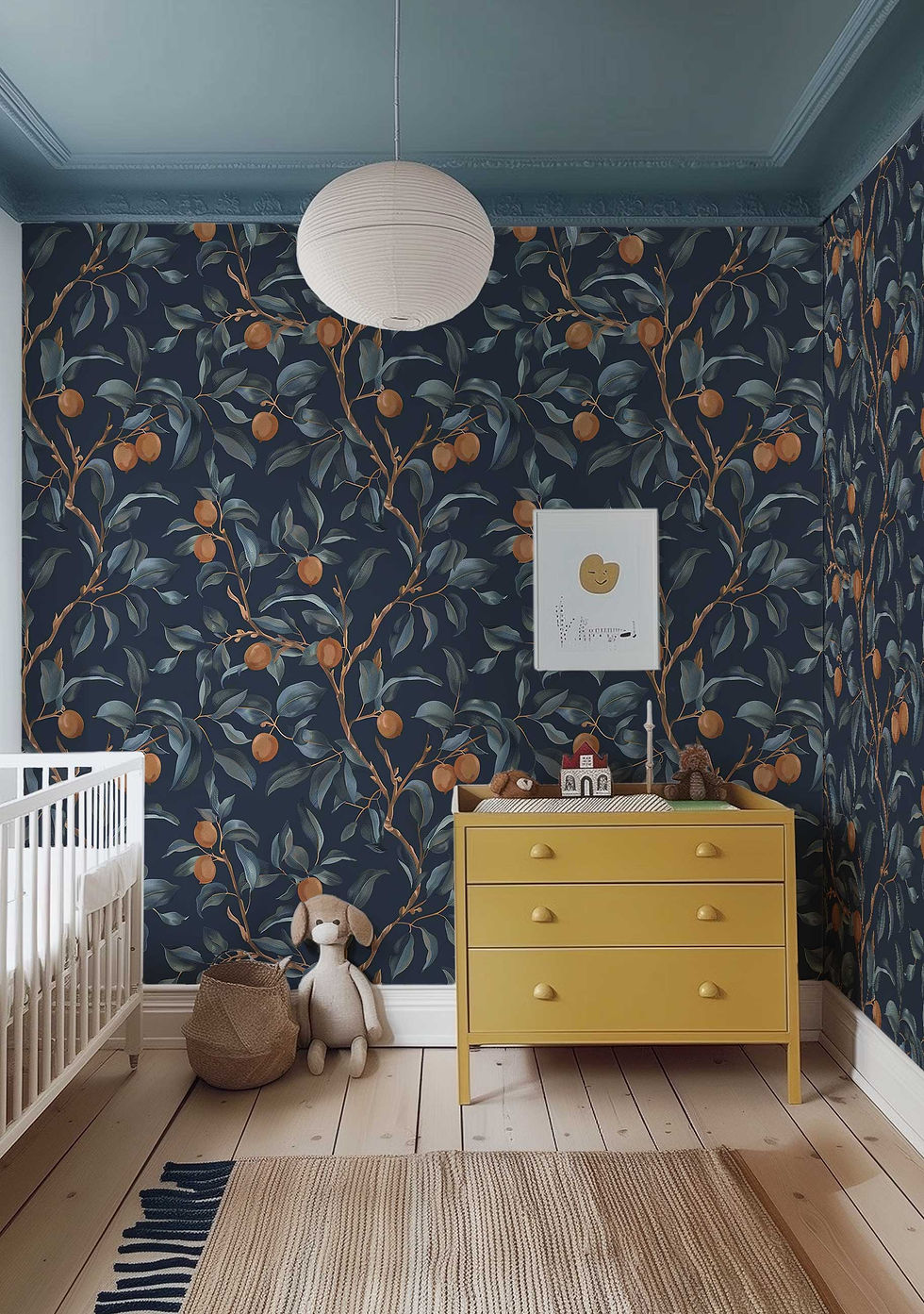 Thumbnail: Temporary wall art with dark blue, peach, and grey foliage design for refreshing nursery wall decor