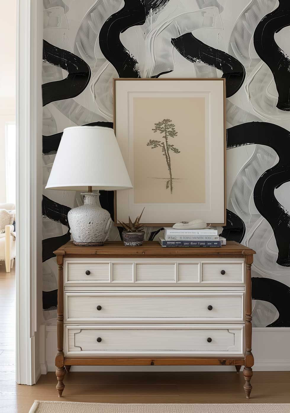 Thumbnail: Large-scale abstract line peel and stick wallpaper in black and white