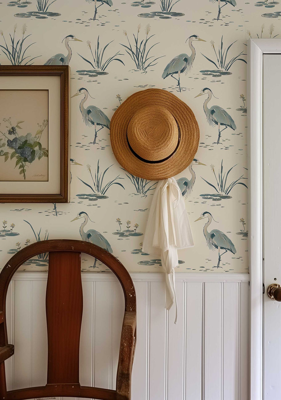 Thumbnail: Renters-friendly peel and stick blue heron wallcovering for modern bedroom design