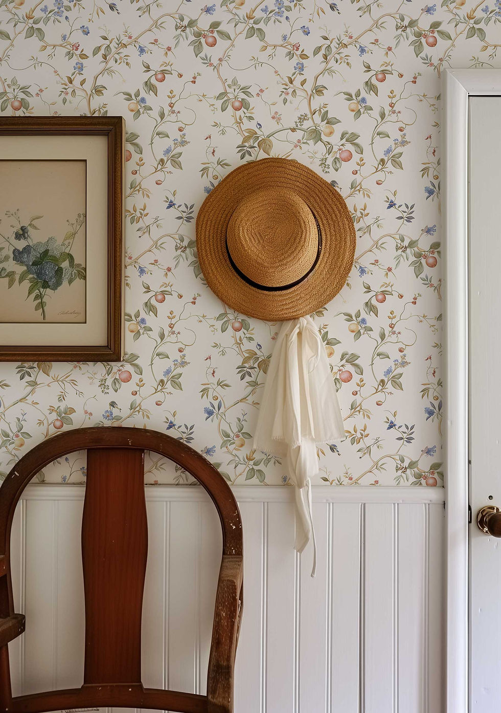 Thumbnail: Nursery-friendly self-adhesive wallpaper with delicate pastel flowers and fruits for charming wall decoration