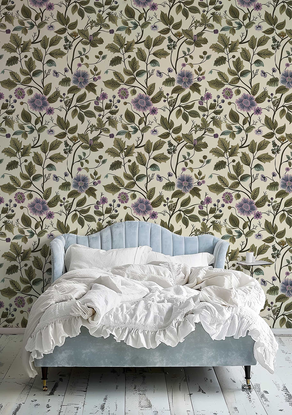 Thumbnail: Unpasted wallpaper with pastel lilac flowers, olive green leaves, and berries.