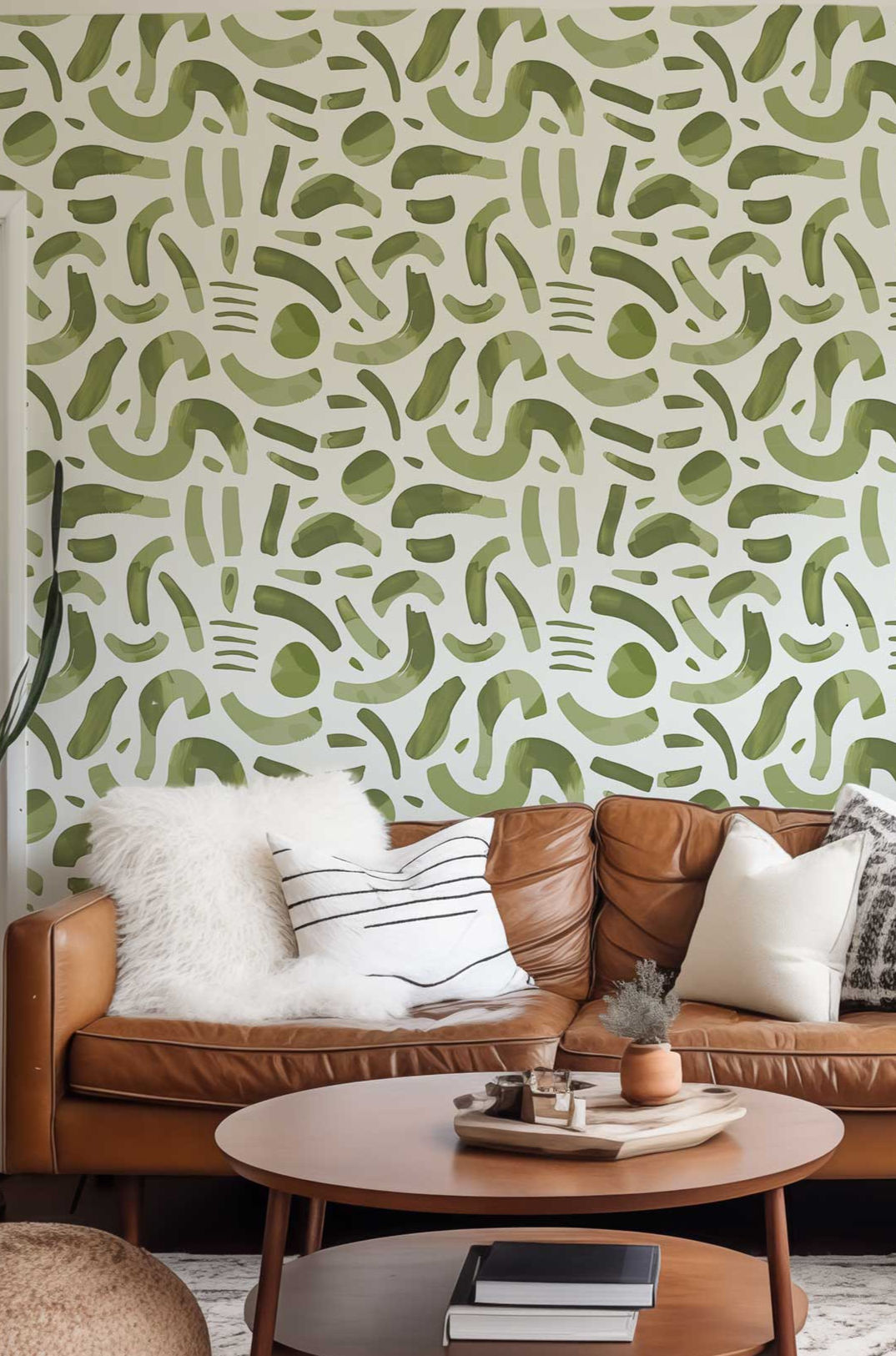 Removable wallpaper with hand-painted olive green shapes on a white background.