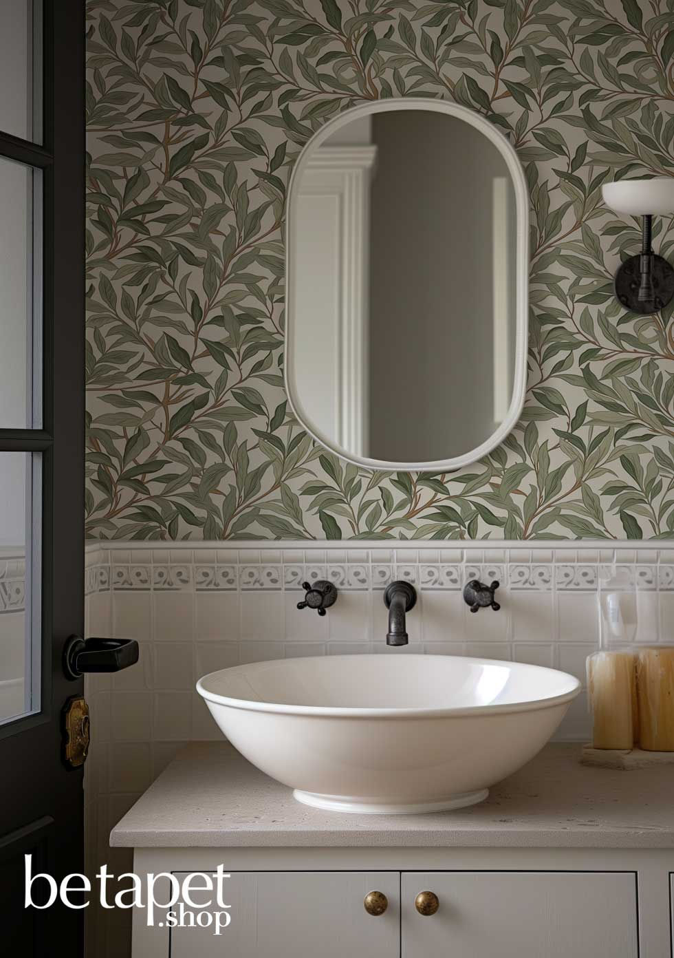 Thumbnail: powder room accent wall with muted green color leaf patterned wallpaper