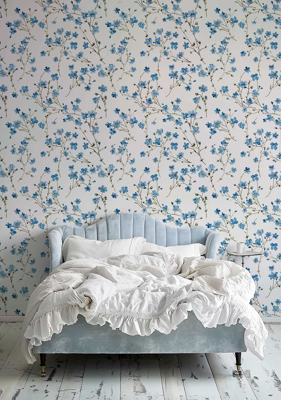 Thumbnail: Accent wall with small blue flower wallpaper